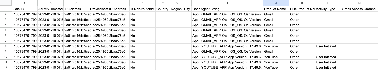 Capture d'écran du CSV des datas